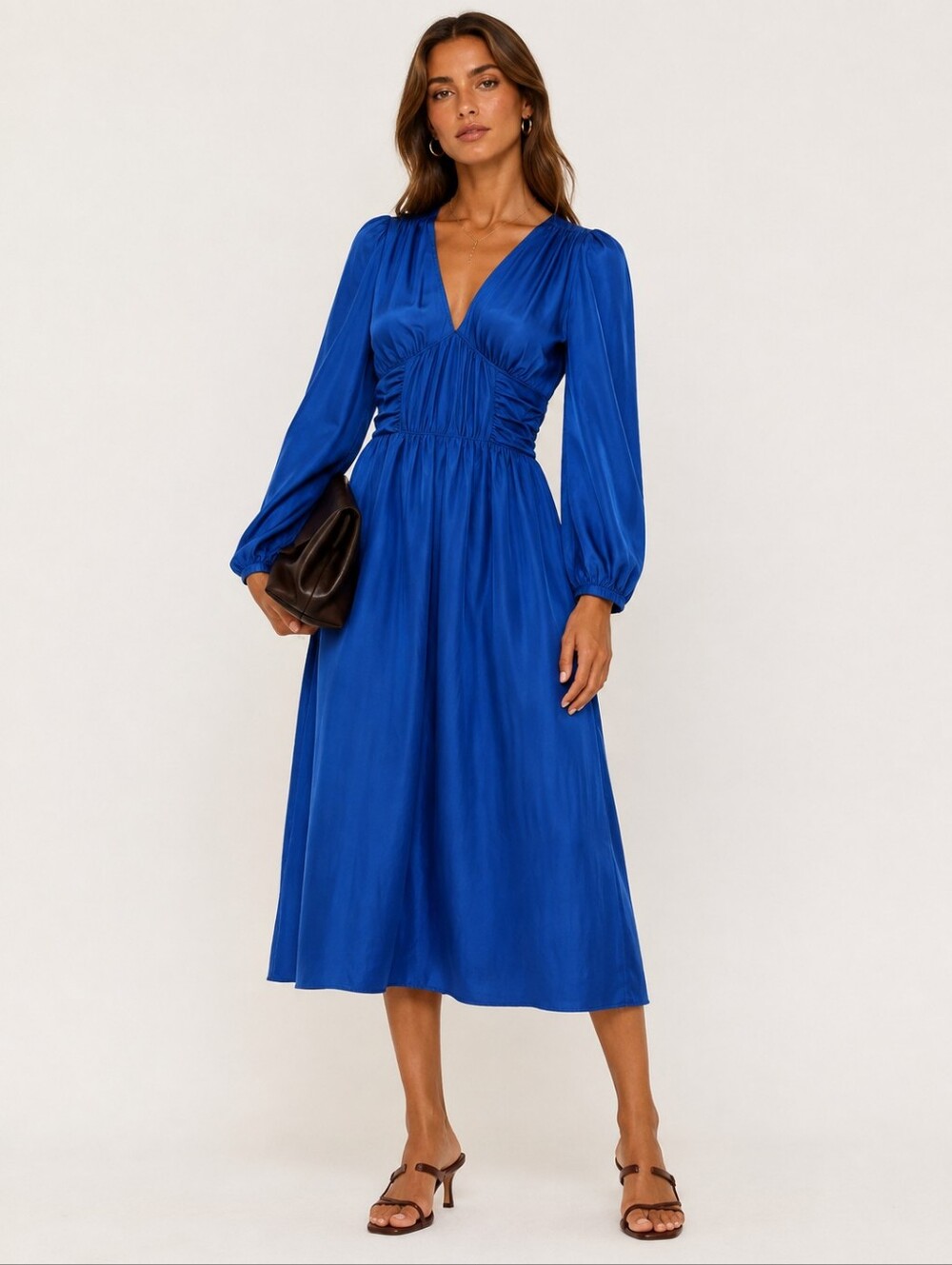 Sea New York Fabiola Silk Ruched Midi Dress In Royal Blue New Size 6